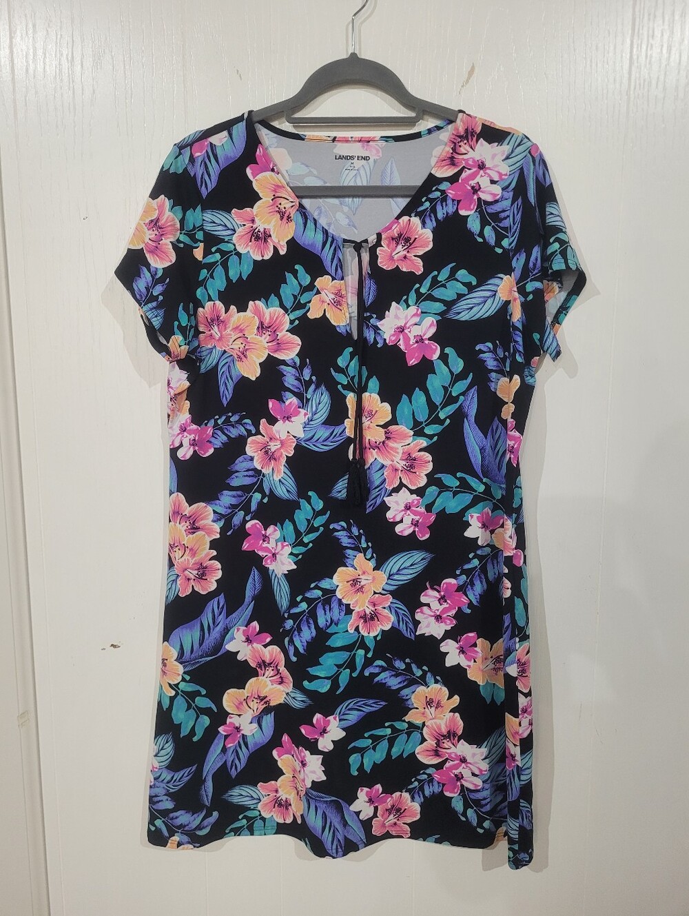 Lands' End Black Floral Tie-Front Shift Dress Swim Cover-up Size Medium 10-12